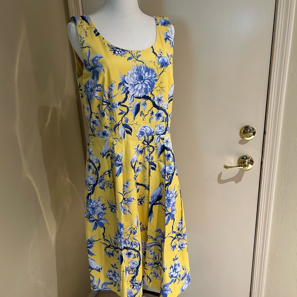 Talbots Toile Fit and Flare Yellow and Blue Floral Midi Dress